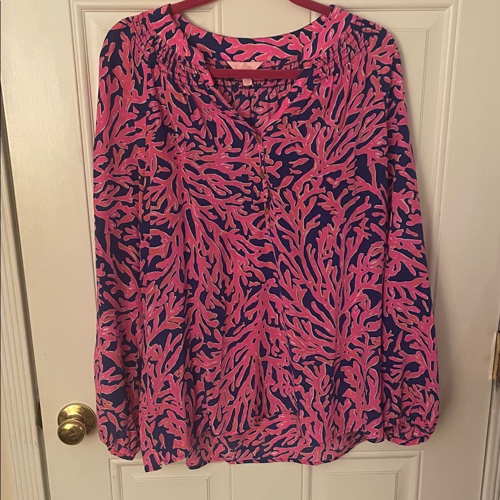 Lilly Pulitzer Coral Reef Print Blouse in Pink and Navy